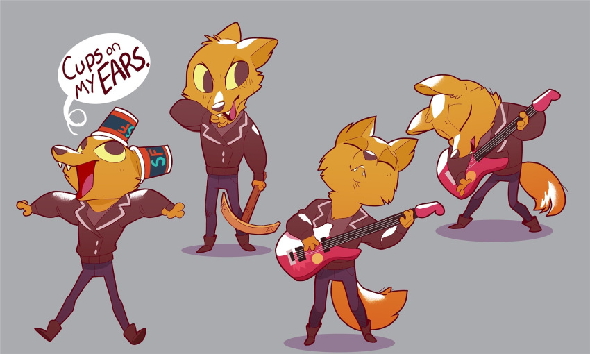 2017 4_fingers anthro artsy boots canine clothed clothing cup dialogue english_text eyes_closed fangs footwear fox fully_clothed fur gregg_(nitw) grey_background guitar hi_res holding_musical_instrument holding_object jacket jeans leather leather_jacket looking_aside looking_away looking_up mammal multiple_scenes musical_instrument night_in_the_woods open_mouth open_smile orange_fur pants pickaxe simple_background smile speech_bubble standing text wiping_face yellow_sclera