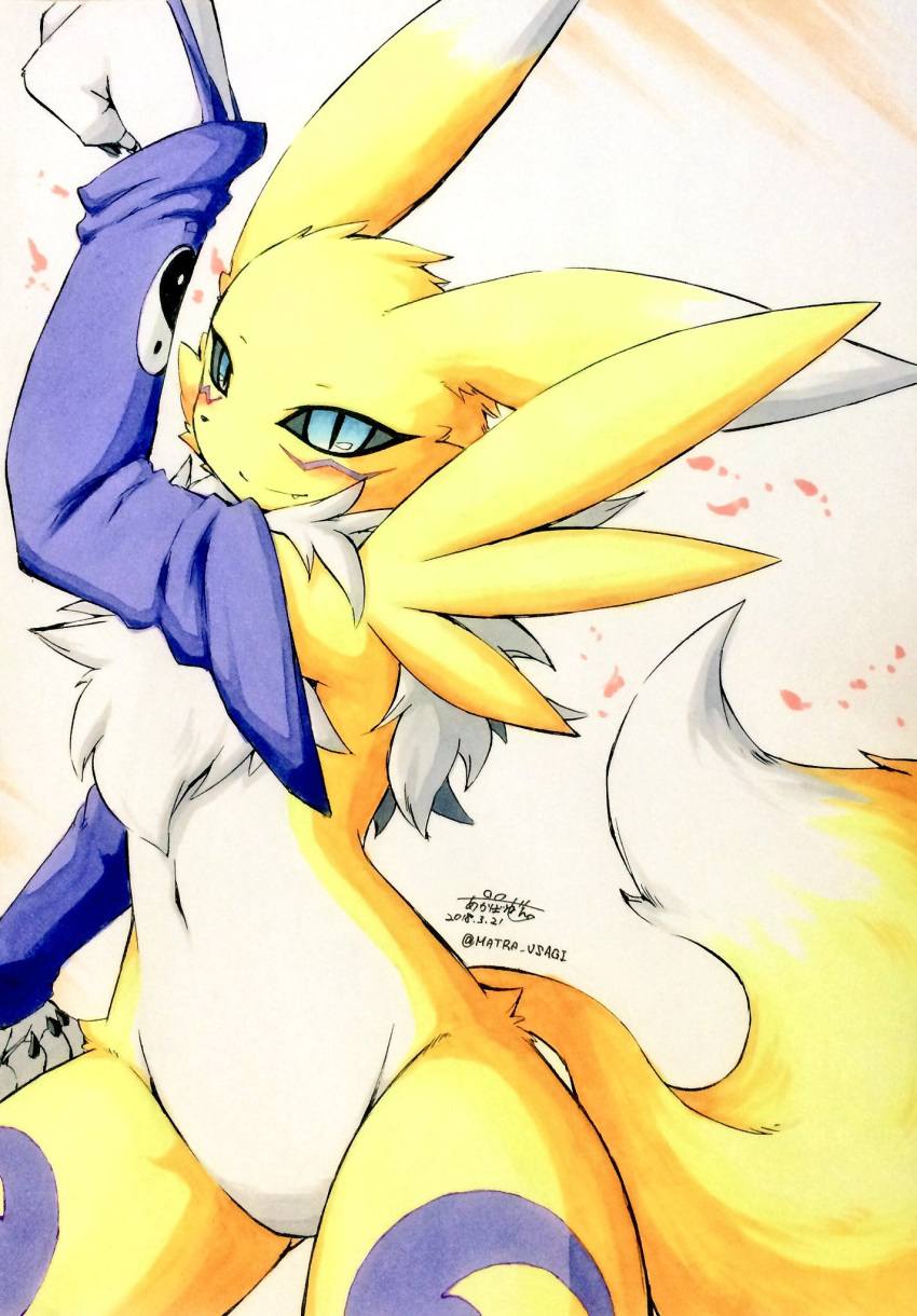 black_sclera blue_eyes clothing digimon featureless_crotch female fur jinya pose renamon signature traditional_media_(artwork) tuft white_fur yellow_fur あかばね_じん