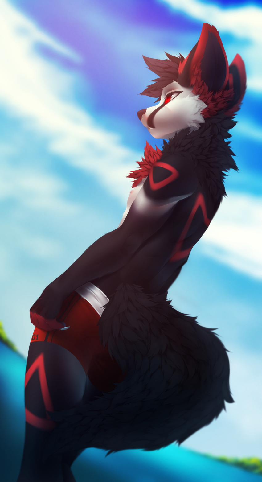 anthro black_fur black_hair canine clothed clothing fennec fox fur hair hi_res male mammal red_eyes red_fur shorts smaller_version_at_source solo standing tofu93 topless v-0-1-d water white_fur
