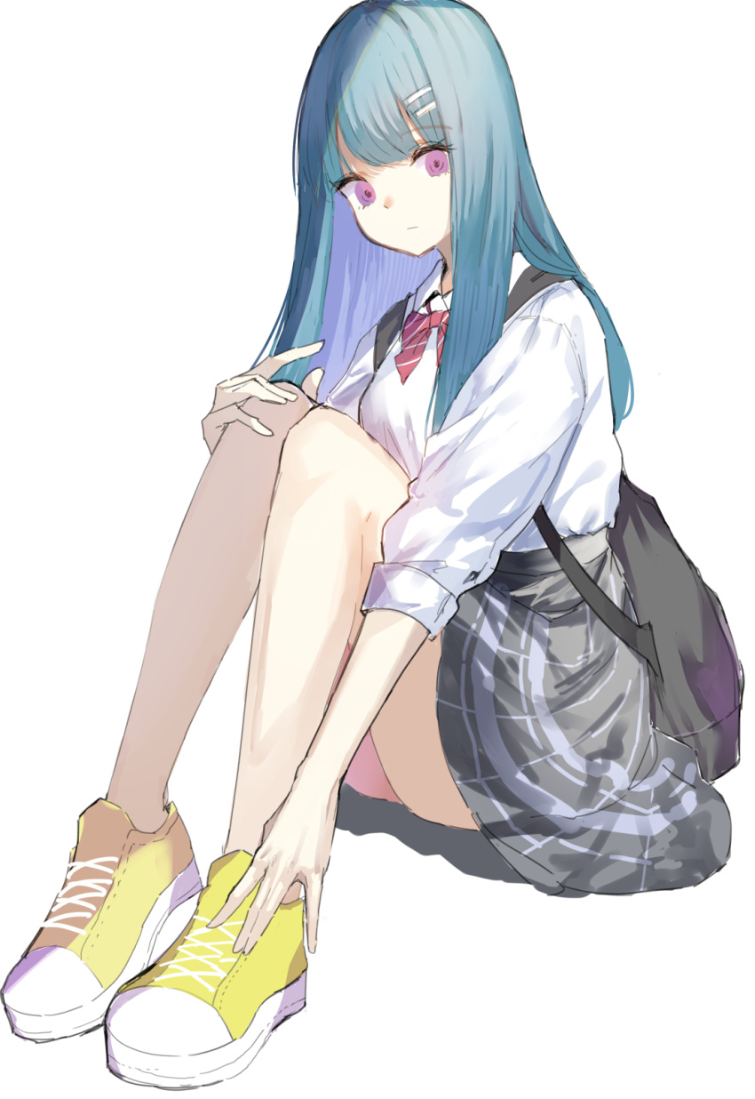 aquna backpack bag blue_hair bow bowtie collared_shirt commentary_request eyebrows_visible_through_hair grey_skirt hair_ornament hairclip highres long_hair long_sleeves looking_at_viewer original purple_eyes red_neckwear school_uniform shirt shoes simple_background sitting skirt solo white_background white_shirt wing_collar yellow_footwear