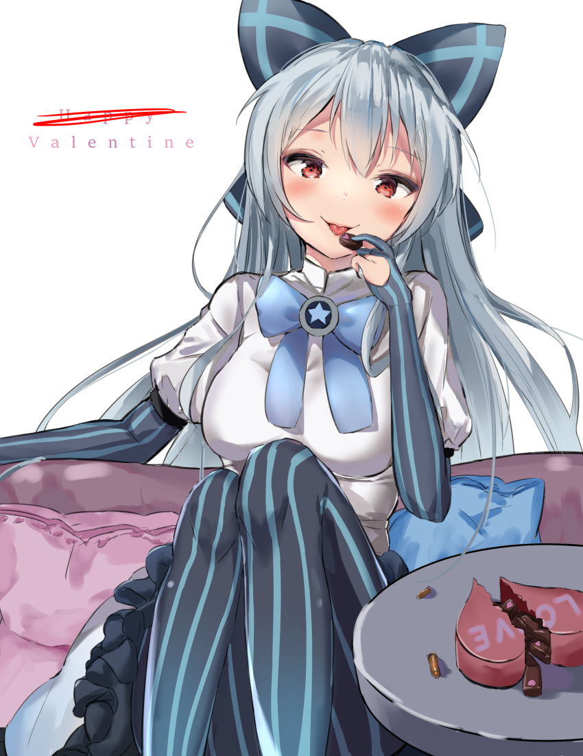 1girl absurdres bangs blue_legwear blue_neckwear blush bow bowtie box breasts dress elbow_gloves eyebrows_visible_through_hair food girls_frontline gloves hair_between_eyes hair_bow hair_ribbon heart heart-shaped_box heart-shaped_food highres holding holding_food long_hair looking_at_viewer medium_breasts open_mouth pillow red_eyes ribbon sidelocks silver_hair sitting smile solo striped striped_legwear thighhighs tokarev_(girls_frontline) tongue tongue_out vertical-striped_legwear vertical_stripes zengi