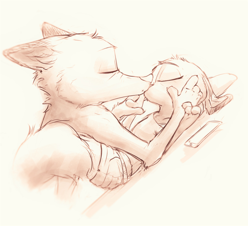 2016 absurd_res anthro canine cellphone clothed clothing disney duo eyes_closed female fox fur hi_res judy_hopps kissing lagomorph male male/female mammal monochrome nick_wilde phone rabbit red_and_white simple_background sprinkah white_background zootopia