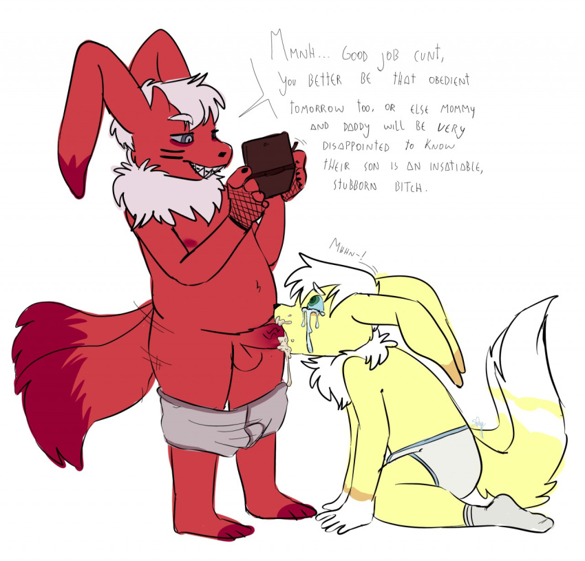 2_tails 3ds anthro anthro_on_anthro blackmail bulge chest_tuft clothed clothing crying cum cum_in_mouth cum_inside dialogue duo english_text fellatio fur green_eyes grey_eyes hi_res humanoid_penis kneeling legwear male male/male male_penetrating meowstic multi_tail nintendo nipples oral oral_penetration penetration penis pok&eacute;mon pok&eacute;mon_(species) profanity red_fur sex shiny_pok&eacute;mon sleepytoy socks tears teeth text toi_(sleepy_toy) topless toy_(sleepy_toy) tuft underwear vein video_games yellow_fur young