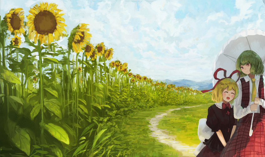 ^_^ blonde_hair blue_sky bow bowtie closed_eyes cloud cowboy_shot day faux_traditional_media fjsmu flower garden_of_the_sun grass green_hair hair_ribbon highres holding holding_umbrella kazami_yuuka leaning_on_person long_sleeves looking_at_another looking_down medicine_melancholy mountain multiple_girls necktie open_clothes open_mouth open_vest outdoors path plaid plaid_skirt plaid_vest puffy_short_sleeves puffy_sleeves red_eyes red_neckwear red_shirt red_skirt ribbon road scenery shirt short_hair short_sleeves skirt sky smile sunflower touhou umbrella upper_body v_arms vest white_shirt yellow_neckwear