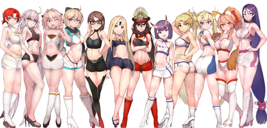 1boy 6+girls abigail_williams_(fate/grand_order) absurdly_long_hair animal_ear_fluff animal_ears arm_up ass astolfo_(fate) bangs bare_arms bare_shoulders black_footwear black_shorts black_sleeves blonde_hair blue_eyes blush boots boudica_(fate/grand_order) bow bradamante_(fate/grand_order) braid breasts brown_eyes butt_crack cleavage cleavage_cutout closed_mouth collarbone commentary_request consort_yu_(fate) covered_nipples crop_top curvy detached_sleeves eyebrows_visible_through_hair fang fate/grand_order fate_(series) fox_ears fox_girl fox_tail from_behind full_body gloves green_eyes hair_between_eyes hair_bow halterneck head_tilt heels high_heel_boots high_heels high_ponytail highres hips horns jeanne_d'arc_(alter)_(fate) jeanne_d'arc_(fate)_(all) keyhole knee_boots large_breasts legs light_brown_hair long_hair long_sleeves looking_at_viewer looking_back medium_breasts midriff minamoto_no_raikou_(fate/grand_order) miniskirt mordred_(fate) mordred_(fate)_(all) multiple_girls navel oda_nobunaga_(fate) odd_one_out okita_souji_(fate) okita_souji_(fate)_(all) one_eye_closed oni oni_horns parted_bangs parted_lips paw_gloves paws pink_hair ponytail puffy_long_sleeves puffy_shorts puffy_sleeves purple_eyes purple_hair race_queen red_bow red_eyes shirt shoes short_eyebrows short_shorts shorts shoulder_blades shuten_douji_(fate/grand_order) sidelocks sikijou77o silver_hair simple_background single_braid skirt small_breasts smile stomach tail tamamo_(fate)_(all) tamamo_cat_(fate) thick_eyebrows thigh_boots thighhighs trap v very_long_hair white_background white_footwear white_legwear white_shirt white_skirt wide_hips