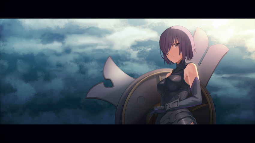 bare_shoulders bodysuit breasts cloud cloudy_sky elbow_gloves erubesuto fate/grand_order fate_(series) gloves hair_over_one_eye highres large_breasts letterboxed mash_kyrielight pixiv_fate/grand_order_contest_1 purple_eyes purple_hair short_hair sky solo