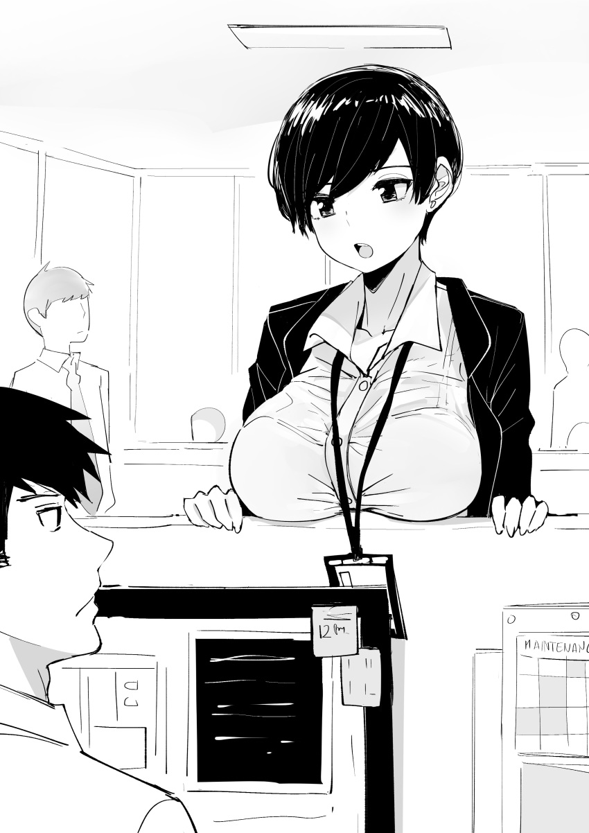2boys absurdres bra bra_through_clothes breasts business_suit buttons calendar_(object) collarbone collared_shirt commentary cubicle desk doodle dress_shirt english_commentary formal greyscale highres id_card jacket lanyard large_breasts monitor monochrome multiple_boys name_tag norman_maggot office office_lady ol-chan_(norman_maggot) original pixie_cut shirt short_hair sketch sticky_note suit talking taut_clothes taut_shirt tight_shirt underwear working