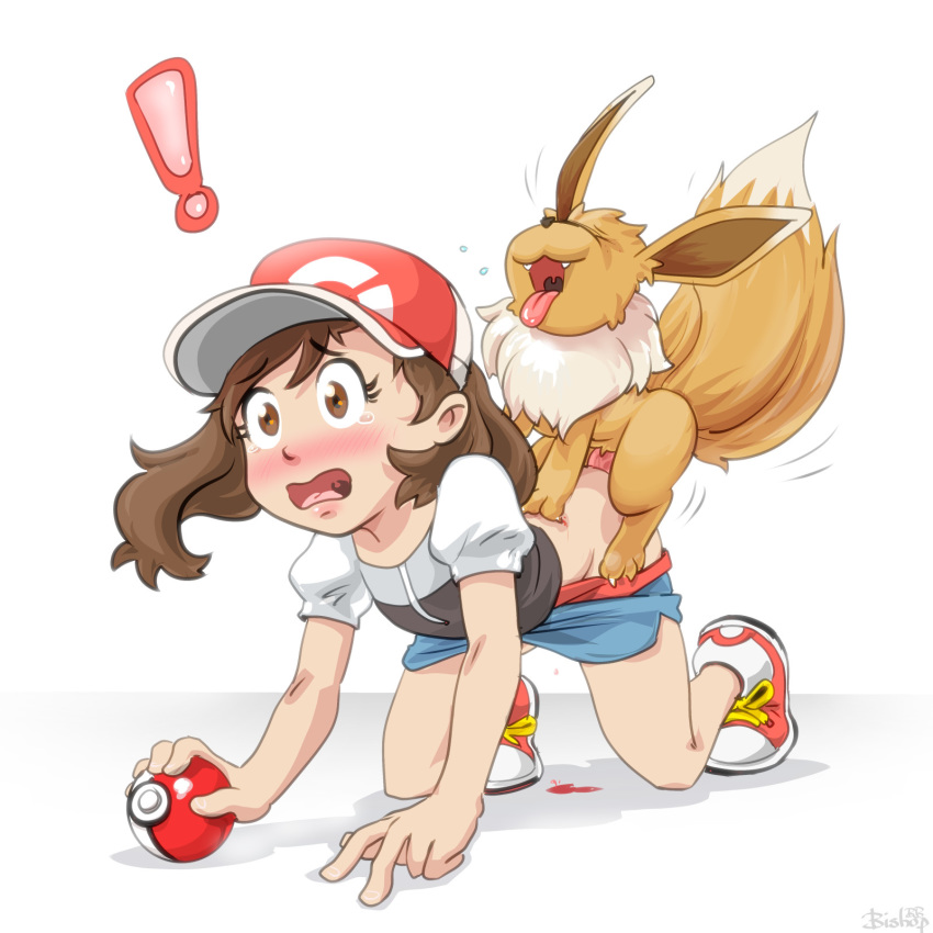 ! 1girl all_fours animal_ears bestiality bishopbb blood blush brown_eyes brown_hair eevee female female_protagonist_(pokemon_lgpe) interspecies matching_hair/eyes open_mouth penis poke_ball_(generic) pokemon pokemon_(creature) pokemon_(game) pokemon_lgpe ponytail sex shorts simple_background tail tears virgin white_background