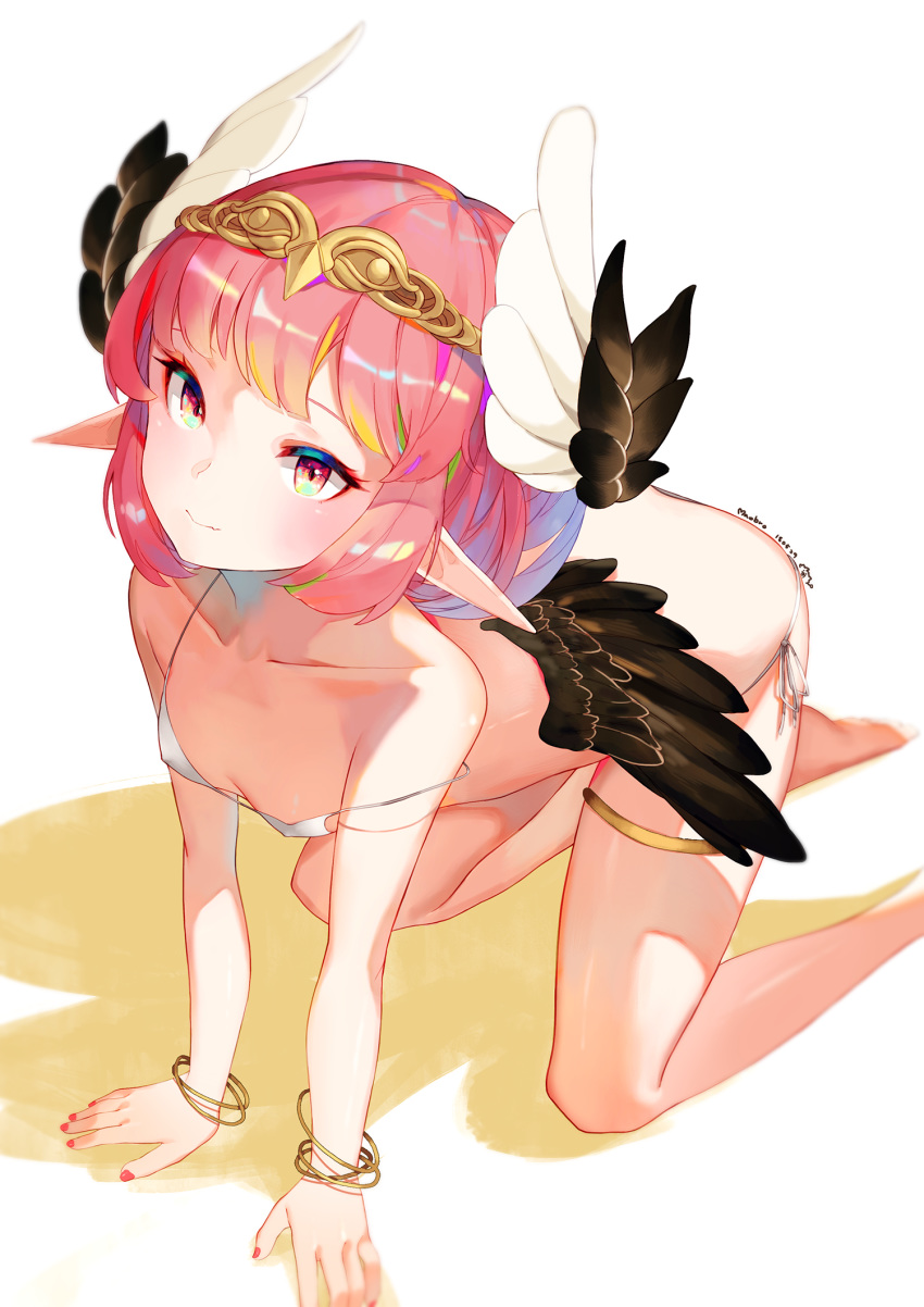 all_fours bangs barefoot bikini black_wings blurry bracelet breasts circe_(fate/grand_order) closed_mouth collarbone commentary_request covered_nipples depth_of_field fang fate/grand_order fate_(series) feathered_wings head_wings highres jewelry leglet looking_at_viewer mao_ge micro_bikini nail_polish pink_eyes pink_hair pink_nails pointy_ears short_hair side-tie_bikini side-tie_bottom small_breasts solo strap_slip swimsuit tiara white_bikini wings