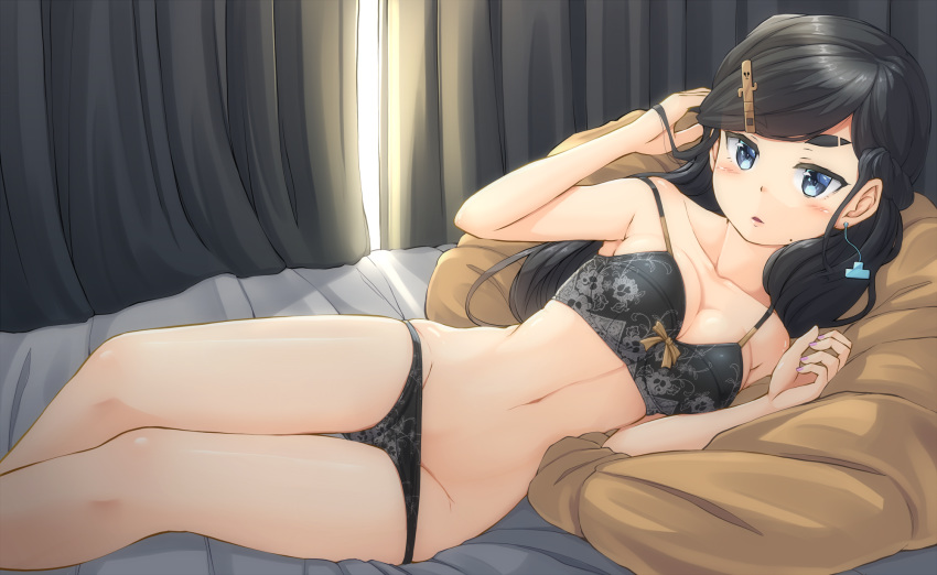 bangs bed black_bra black_hair black_panties bow bow_bra bra breasts cleavage collarbone commentary_request curtains day earrings eyebrows groin hair_ornament hairclip hand_in_hair highres indoors jewelry junk_gaming_maiden kitsunerider lips long_hair looking_at_viewer lying medium_breasts mole mole_under_eye nail_polish on_bed on_side panties panty_pull parted_lips pillow print_bra print_panties purple_nails solo strap_slip sunlight swept_bangs thigh_gap underwear underwear_only