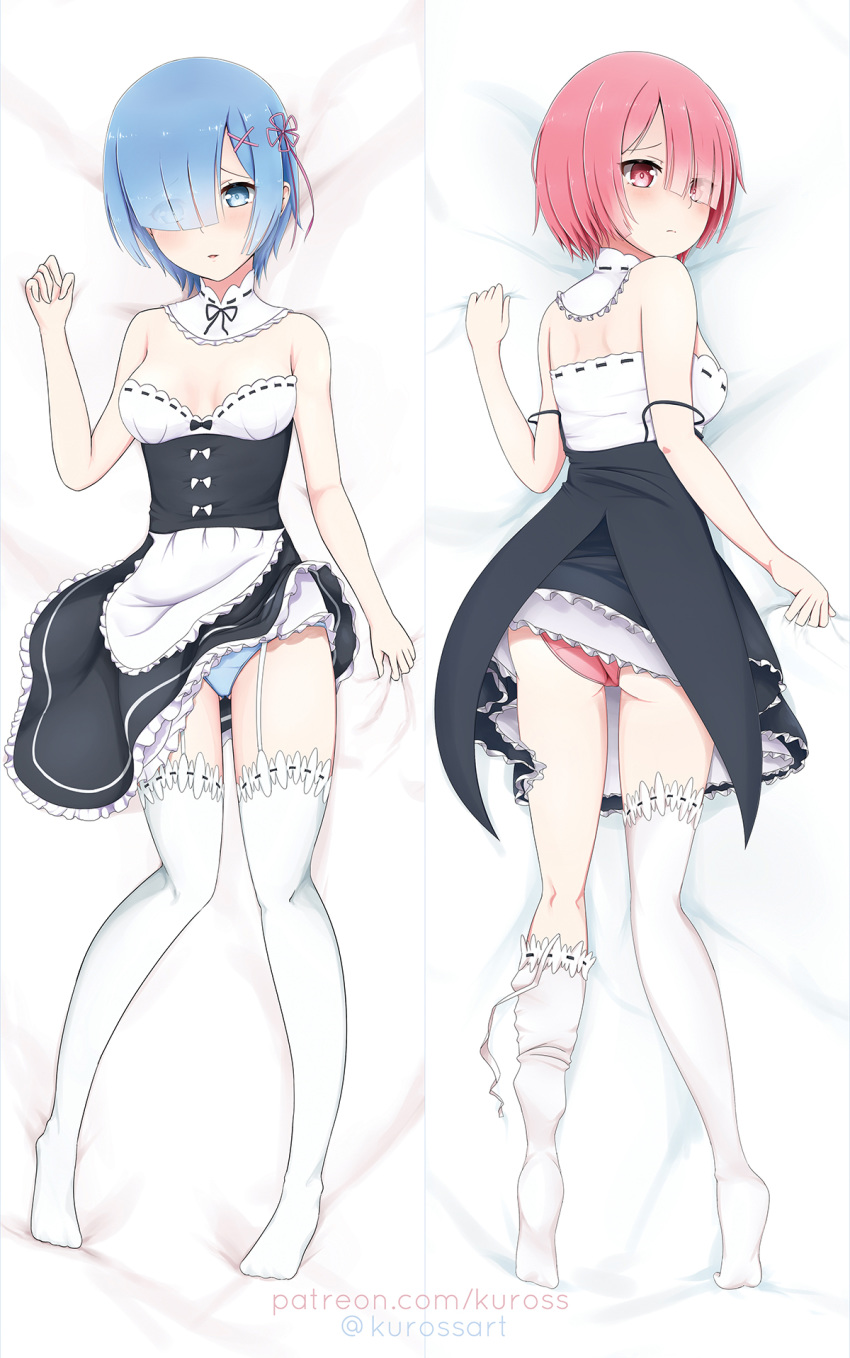 apron ass ass_visible_through_thighs bangs bed_sheet black_dress blue_eyes blue_hair blue_panties breasts closed_mouth commentary_request dakimakura detached_collar dress eyes_visible_through_hair frilled_apron frilled_dress frills from_behind frown garter_straps hair_ornament hair_over_one_eye highres lace lace-trimmed_thighhighs looking_at_viewer looking_back lying maid medium_breasts multiple_girls on_back on_bed on_stomach panties parted_lips pink_eyes pink_hair pink_panties ram_(re:zero) re:zero_kara_hajimeru_isekai_seikatsu rem_(re:zero) rokuuso short_dress short_hair siblings sisters spaghetti_strap strap_slip strapless thighhighs thighhighs_pull twins twitter_username underwear waist_apron watermark web_address white_legwear x_hair_ornament