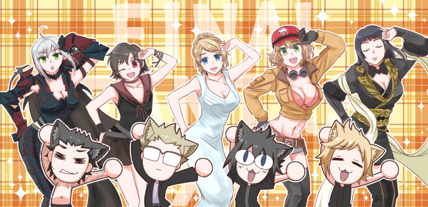 5girls :3 animal_ears aranea_highwind armor black_hair blonde_hair blue_eyes bra breasts brown_hair carnival_phantasm cat_ears chibi cidney_aurum cleavage commentary_request cropped_jacket dancing dress expressionless final_fantasy final_fantasy_xv gentiana gladiolus_amicitia goggles goggles_around_neck green_eyes hat ignis_scientia iris_amicitia looking_at_viewer lunafreya_nox_fleuret multiple_boys multiple_girls noctis_lucis_caelum one_eye_closed parody prompto_argentum shirtless silver_hair sleeveless sleeveless_dress smile spiked_hair super_affection tattoo underwear unzipped yz_cafe