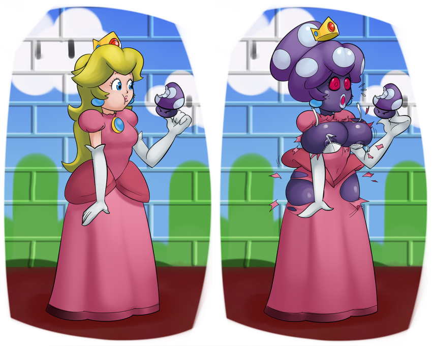big_breasts blonde_hair blue_eyes breast_expansion breasts butt_expansion clothed clothing crown dress ear_piercing eating female fungi_fauna hair human human_to_humanoid humanoid mammal mario_and_luigi_(series) mario_bros minigun_(artist) nintendo nipples open_mouth piercing princess princess_peach princess_shroob royalty sequence shroob solo standing surprise torn_clothing transformation video_games