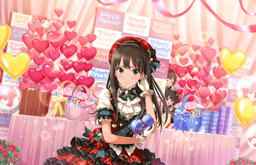 artist_request balloon basket black_hair blush bow box chocolate embarrassed frills gift gift_box gloves green_eyes happy_valentine hat hat_bow heart heart-shaped_box heart_balloon highres holding holding_gift honda_mio idolmaster idolmaster_cinderella_girls idolmaster_cinderella_girls_starlight_stage long_hair looking_at_viewer multiple_girls new_generations official_art plaid plaid_hat pure_valentine_(idolmaster) ribbon shibuya_rin shimamura_uzuki valentine white_gloves