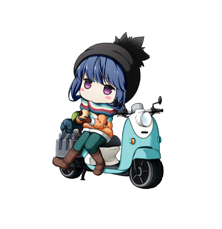 blue_hair blush_stickers boots can chibi drink gloves ground_vehicle hat highres jacket jitome kuena motor_vehicle no_mouth purple_eyes scarf scooter shima_rin sitting solo white_background winter_clothes yurucamp