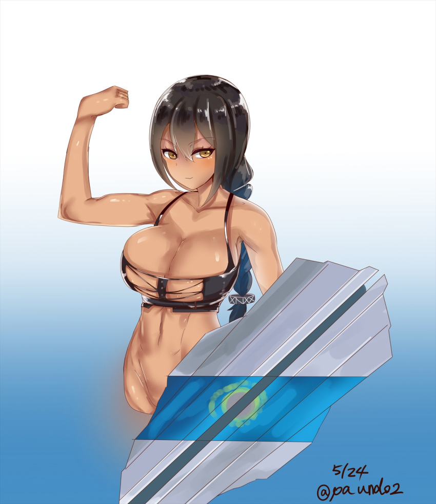 azur_lane bare_shoulders black_hair blue_background blush braid breasts brown_eyes collarbone commentary_request cowboy_shot dark_skin gradient gradient_background hair_between_eyes highres jewelry large_breasts looking_at_viewer muscle muscular_female native_american navel paundo2 shield solo south_dakota_(azur_lane) standing water