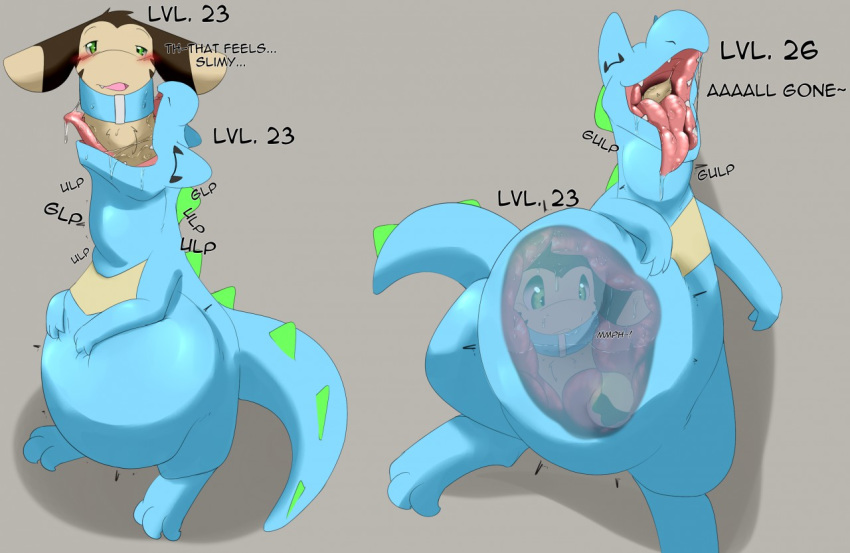 ambiguous_gender blue_skin blush collar dialogue dio diorexity english_text eyes_closed fur furret green_eyes guzzle internal multicolored_fur nintendo open_mouth oral_vore pok&eacute;mon pok&eacute;mon_(species) simple_background text totodile two_tone_fur video_games vore