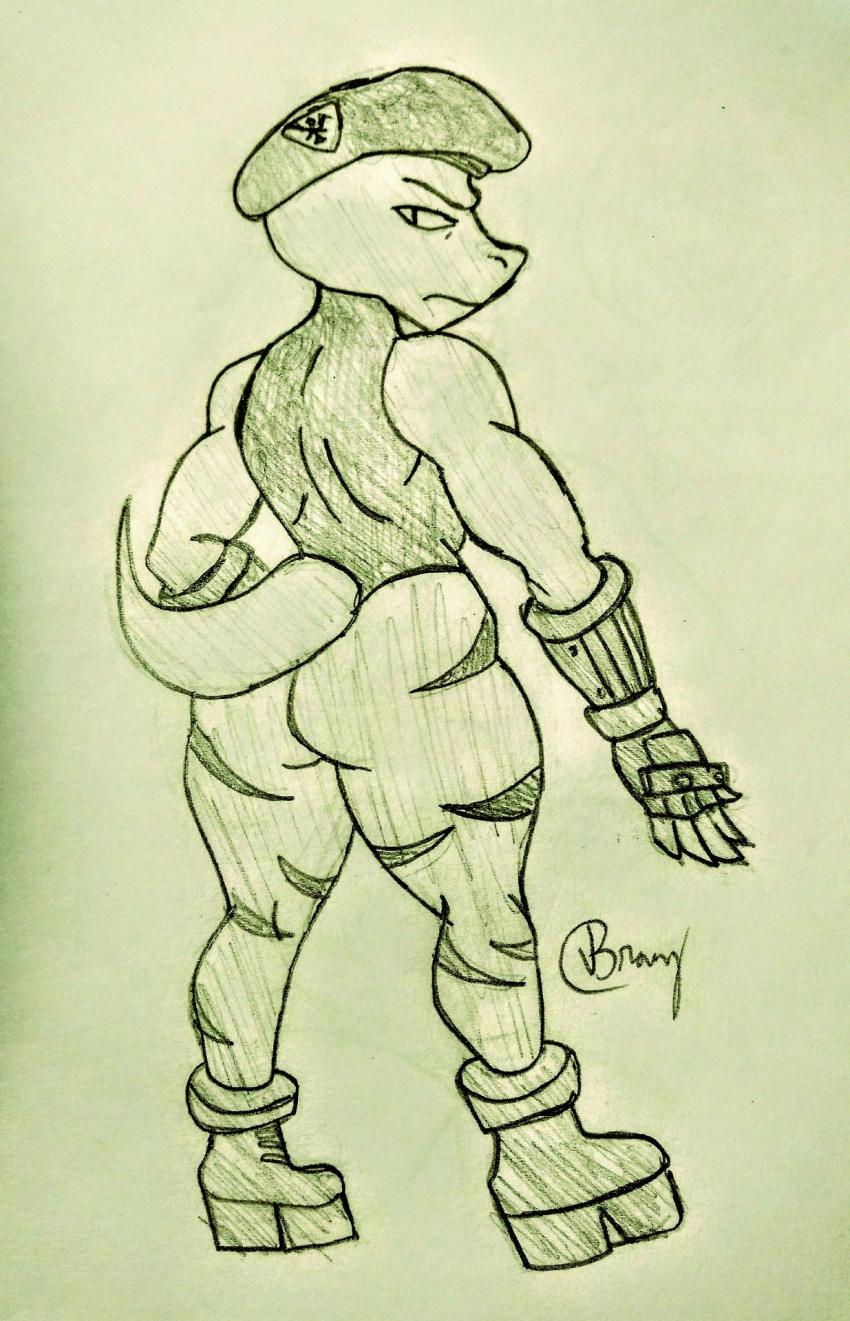 ambiguous_gender angry big_butt boots butt cammy capcom clothed clothing cosplay costume crossdressing crossover dinosaur footwear girly hellabrany leotard looking_at_viewer looking_back male muscular raptor rear_view reptile scalie series:street_fighter shoes theropod thick_thighs tight_clothing traditional_media_(artwork) video_games