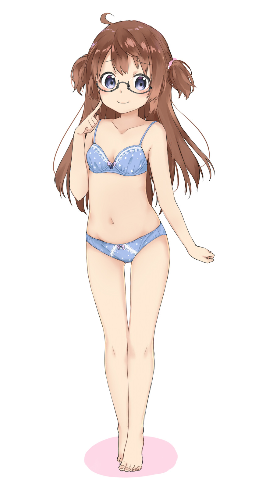 absurdres ahoge bare_arms bare_legs bare_shoulders barefoot black-framed_eyewear blue_bra blue_eyes blue_panties blush bow bow_bra bow_panties bra breasts brown_hair closed_mouth collarbone commentary_request fingernails full_body glasses highres long_hair looking_at_viewer navel original panties sekira_ame semi-rimless_eyewear small_breasts smile solo standing toenails two_side_up under-rim_eyewear underwear underwear_only very_long_hair white_background
