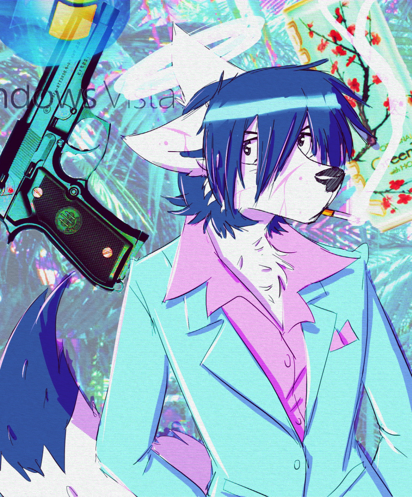 aesthetic canine clothed clothing dipstick_tail gun looking_at_viewer mammal multicolored_tail ranged_weapon saintversa smoking suit vaporwave weapon