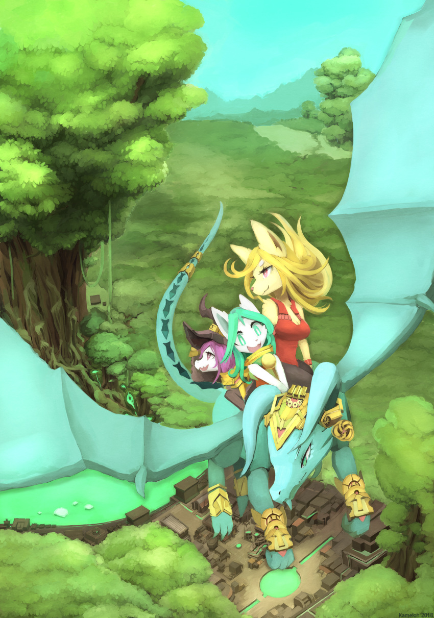 anthro blonde_hair breasts canine clothed clothing day detailed_background digital_media_(artwork) digital_painting_(artwork) female feral flying green_hair hair kameloh mammal membranous_wings outside purple_hair sky smile tree wings