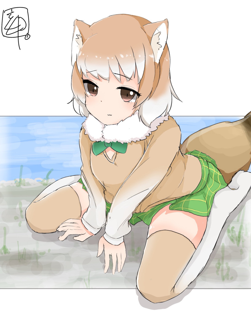 :3 animal_ears between_legs black-tailed_prairie_dog_(kemono_friends) brown_eyes commentary_request eyebrows_visible_through_hair fur_collar gradient_legwear green_neckwear green_skirt hand_between_legs highres kemono_friends kokuin light_brown_hair light_brown_legwear light_brown_sweater long_sleeves multicolored multicolored_clothes multicolored_hair multicolored_legwear necktie plaid plaid_skirt pleated_skirt prairie_dog_ears prairie_dog_tail short_hair sitting skirt solo sweater tail thighhighs wariza white_hair white_legwear