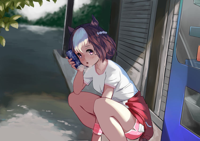 1girl absurdres animal_ears blush brown_hair day highres horse_ears horse_girl jacket jacket_removed multicolored_hair outdoors pink_shorts purple_eyes red_jacket short_hair shorts solo special_week squatting sweatband track_jacket track_uniform two-tone_hair umamusume wristband