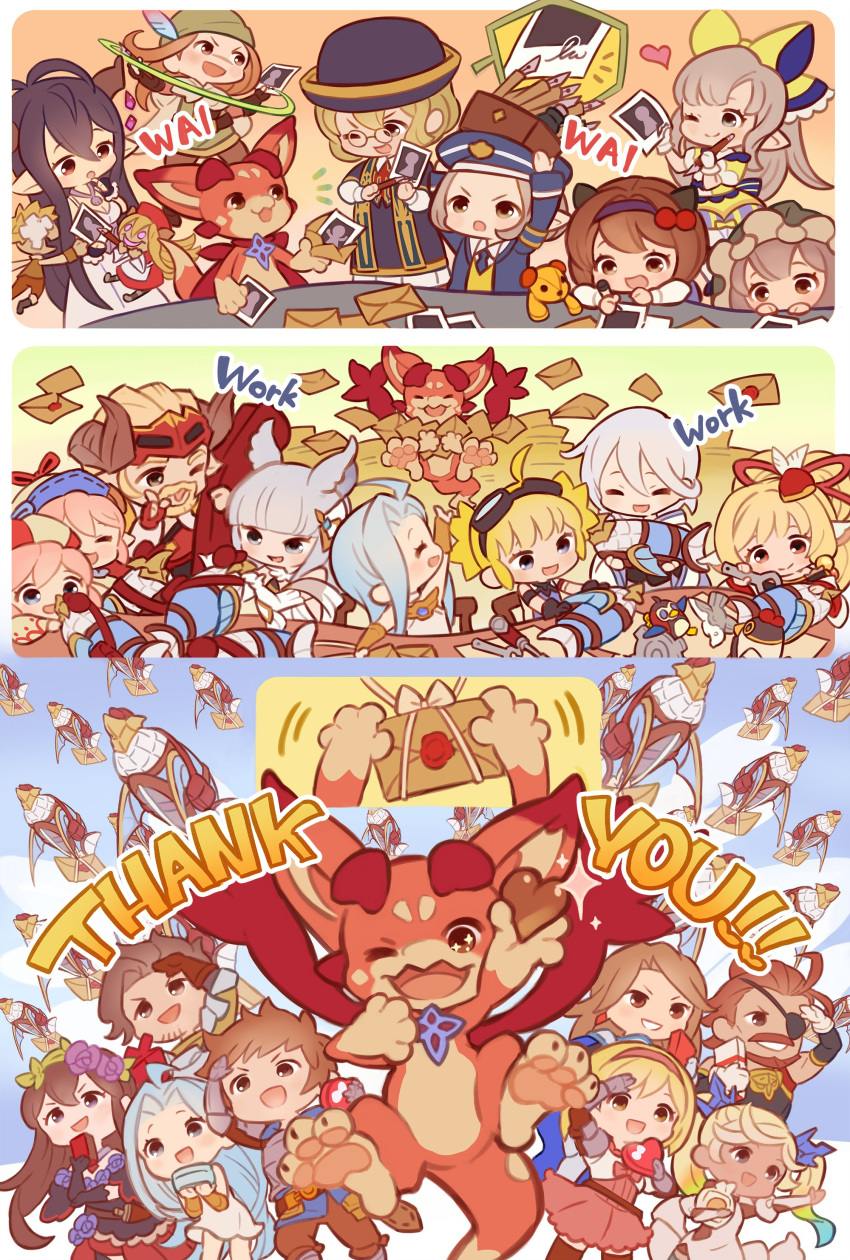 alistair_(granblue_fantasy) bandana beard black_hair blonde_hair blue_eyes box brown_eyes brown_hair cape closed_eyes commentary_request danua dark_skin djeeta_(granblue_fantasy) draph english eugen_(granblue_fantasy) eyepatch facial_hair gift gift_box glasses gran_(granblue_fantasy) granblue_fantasy grancypher_(granblue_fantasy) harvin hat heart highres ink io_euclase katalina_aryze korwa ladiva letter lilele_(granblue_fantasy) long_hair lyria_(granblue_fantasy) mahira_(granblue_fantasy) minigob official_art pen pengy_(granblue_fantasy) pink_hair polaroid puppet rackam_(granblue_fantasy) red_eyes rosetta_(granblue_fantasy) scar short_hair silver_eyes silver_hair stuffed_toy tools vee_(granblue_fantasy) walder will_(granblue_fantasy) wrench yaia_(granblue_fantasy)