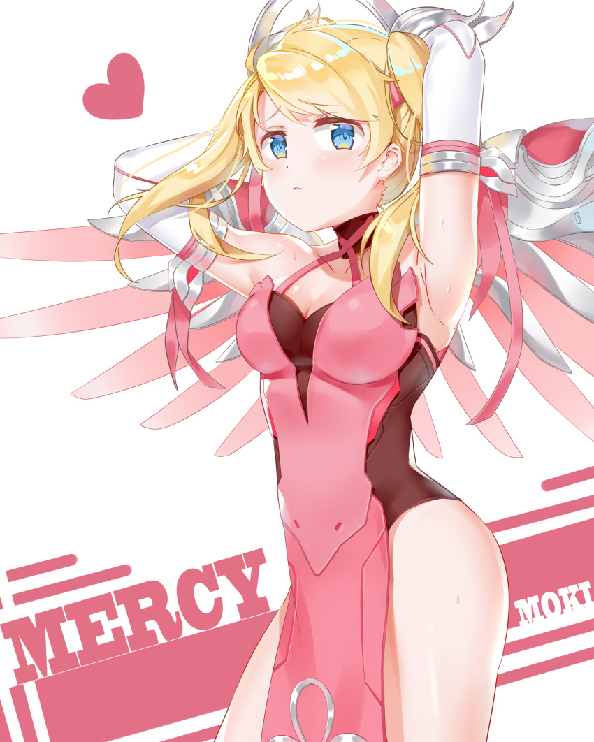 :c alternate_costume alternate_hairstyle armpits arms_behind_head artist_name bare_shoulders blonde_hair blue_eyes blush breasts character_name cleavage collarbone cowboy_shot criss-cross_halter dress elbow_gloves eyebrows_visible_through_hair gloves hair_ribbon halterneck han_mao_ji_moki heart highres looking_at_viewer mechanical_halo mechanical_wings medium_breasts mercy_(overwatch) overwatch pelvic_curtain pink_dress pink_mercy pink_ribbon ribbon signature simple_background sleeveless sleeveless_dress solo sweat thighs twintails white_background white_gloves wings