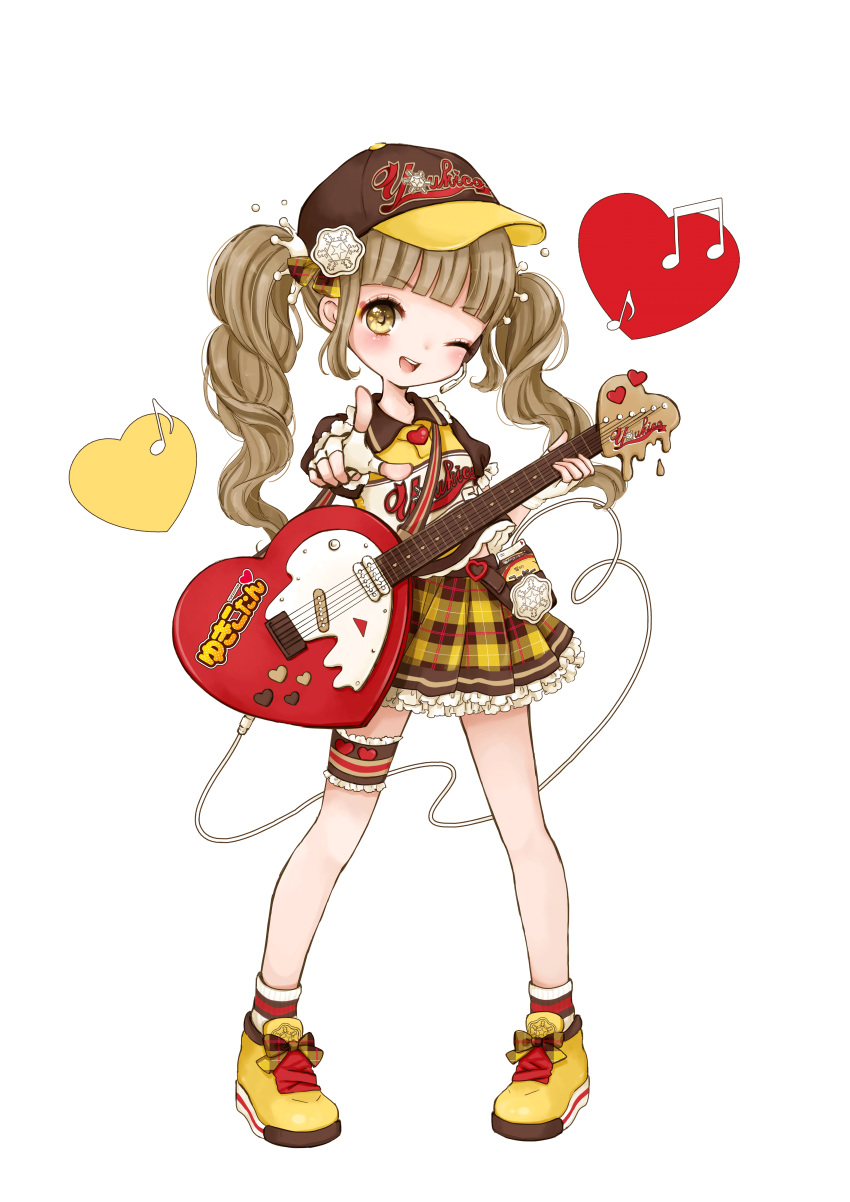 absurdres bangs baseball_jersey beamed_eighth_notes blunt_bangs brown_hair electric_guitar fingerless_gloves frilled_skirt frills full_body gloves guitar hair_ornament heart highres instrument long_hair milk_carton mnmktn musical_note official_art pointing pointing_at_viewer shoes sixteenth_note skirt sneakers snowflake_hair_ornament socks solo sticker sweet_jet_yukico-tan thigh_strap transparent_background twintails white_gloves yellow_eyes yellow_footwear yukico-tan yukijirushi