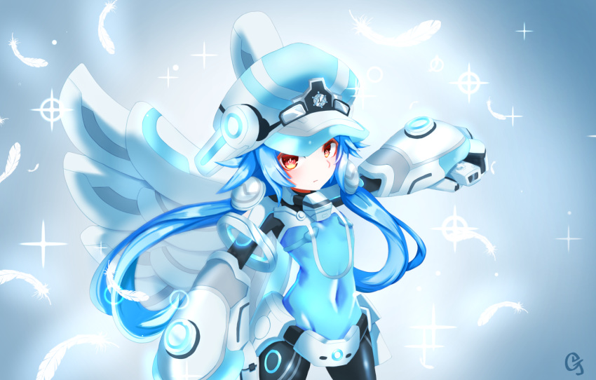 blue_hair bodysuit breasts covered_navel feathers flat_chest gauntlets hair_ornament hat jijey long_hair looking_at_viewer neptune_(series) next_white orange_eyes shin_jigen_game_neptune_vii sidelocks solo symbol-shaped_pupils white_heart