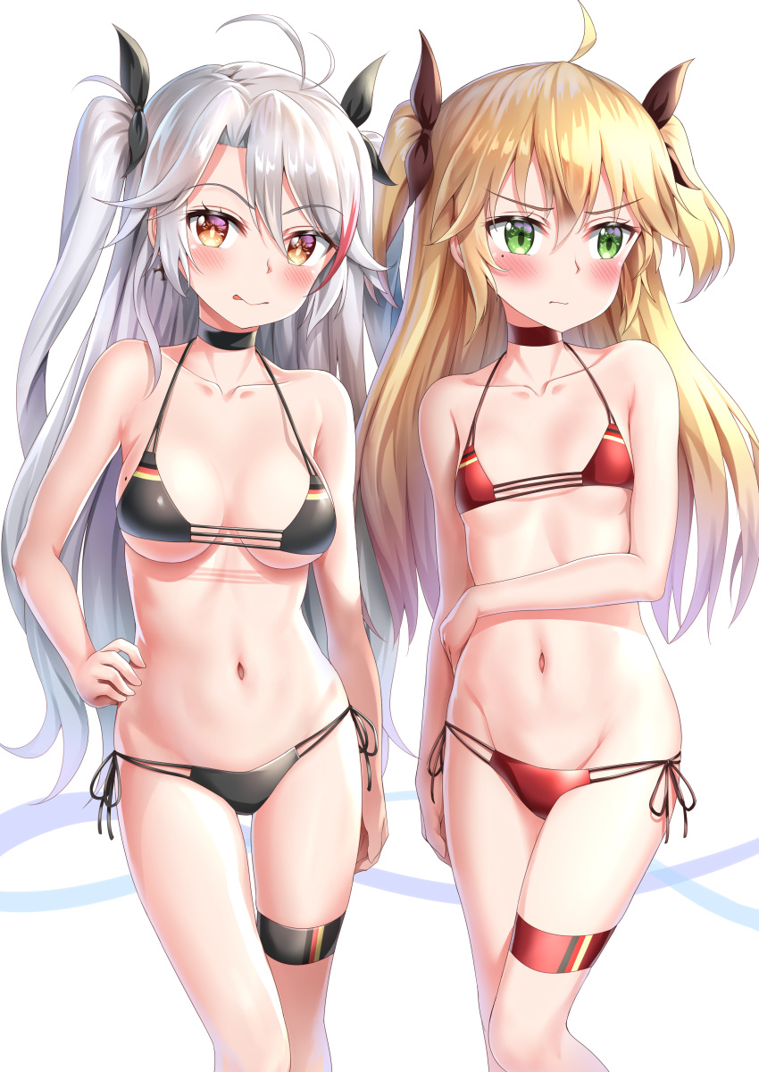 absurdres admiral_hipper_(azur_lane) ahoge antenna_hair arm_at_side azur_lane bare_arms bare_shoulders bikini black_bikini black_choker black_ribbon blonde_hair blush breasts choker closed_mouth collarbone commentary_request eyebrows_visible_through_hair flag_print german_flag_bikini green_eyes hair_between_eyes hair_ribbon halter_top halterneck hand_on_hip highres legs_together long_hair looking_at_viewer looking_to_the_side medium_breasts mole mole_under_eye multicolored_hair multiple_girls navel nedia_(nedia_region) petite prinz_eugen_(azur_lane) red_bikini red_hair ribbon side-tie_bikini side-tie_bottom silver_hair standing streaked_hair swimsuit thigh_strap tongue tongue_out two-tone_hair two_side_up very_long_hair yellow_eyes