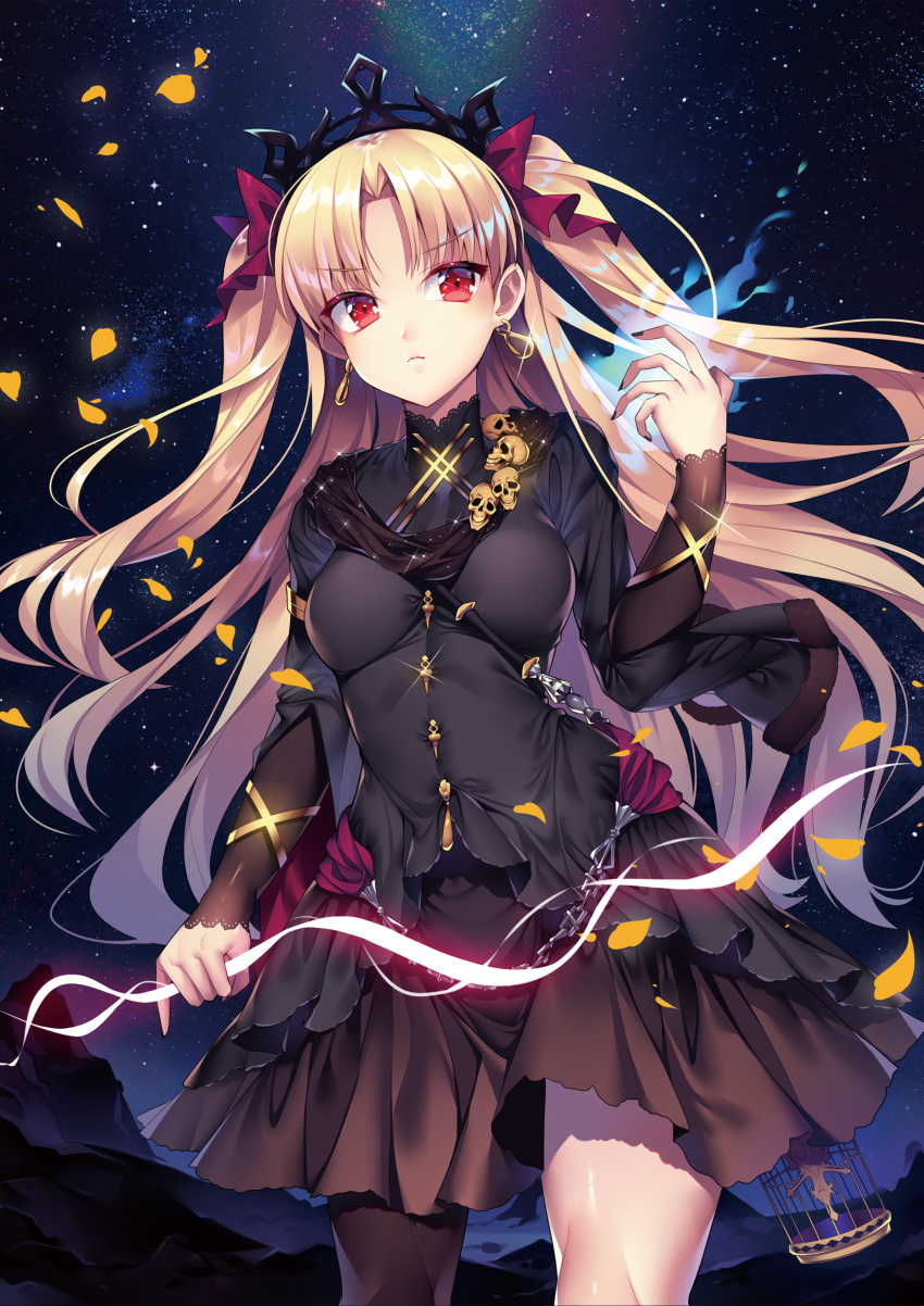 absurdres bangs birdcage black_dress black_legwear black_nails blonde_hair breasts cage chain closed_mouth commentary_request dress earrings ereshkigal_(fate/grand_order) eyebrows_visible_through_hair fate/grand_order fate_(series) fingernails glint glowing hair_ribbon hand_up highres holding hoop_earrings impossible_clothes impossible_dress infinity jewelry long_hair long_sleeves looking_at_viewer may_(2747513627) medium_breasts nail_polish night night_sky outdoors parted_bangs petals red_eyes red_ribbon ribbon shiny shiny_hair short_dress single_thighhigh skull sky solo standing star_(sky) starry_sky thighhighs tiara turtleneck two_side_up v-shaped_eyebrows