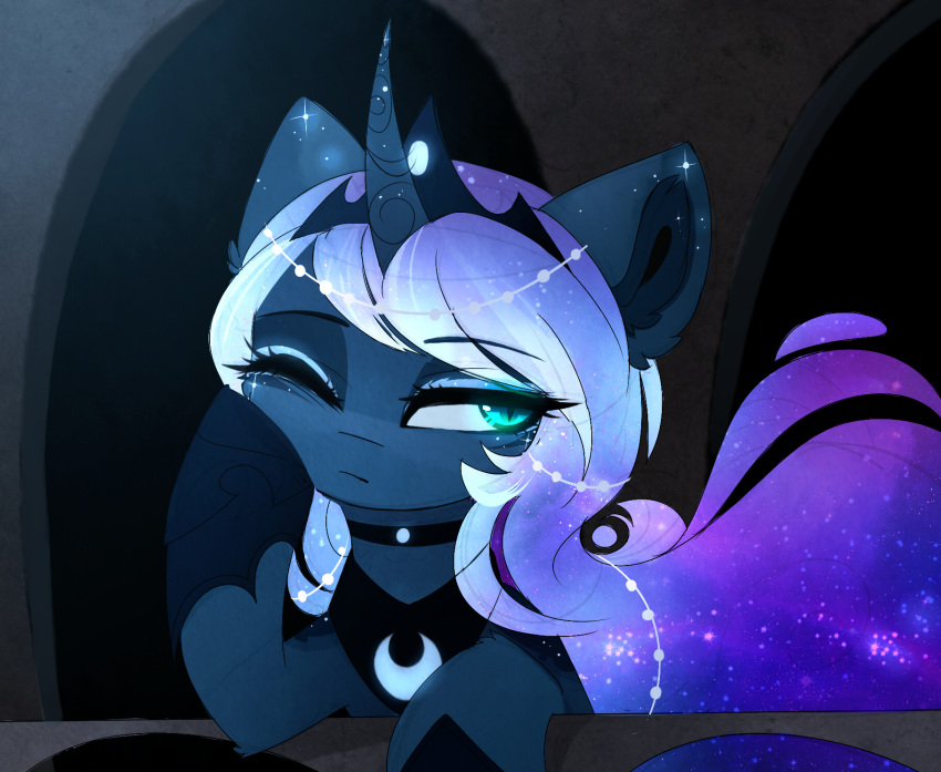 2018 blue_eyes blue_fur cosmic_hair digital_media_(artwork) equine eyelashes female feral friendship_is_magic fur hair hooves horn magnaluna mammal my_little_pony princess_luna_(mlp) solo unicorn white_hair