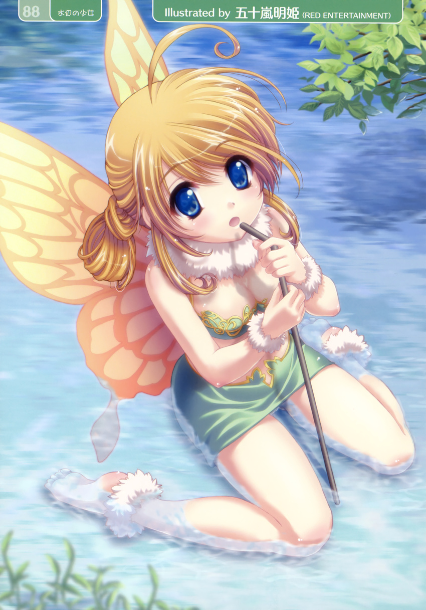 absurdres ahoge anklet barefoot blonde_hair blue_eyes bracelet breasts butterfly_wings choker cleavage copyright_request day drinking_straw feet from_above fur highres igarashi_aki jewelry kneeling looking_up medium_breasts midriff miniskirt nature non-web_source open_mouth outdoors scan sitting skirt soles solo submerged wariza water wings yellow_wings