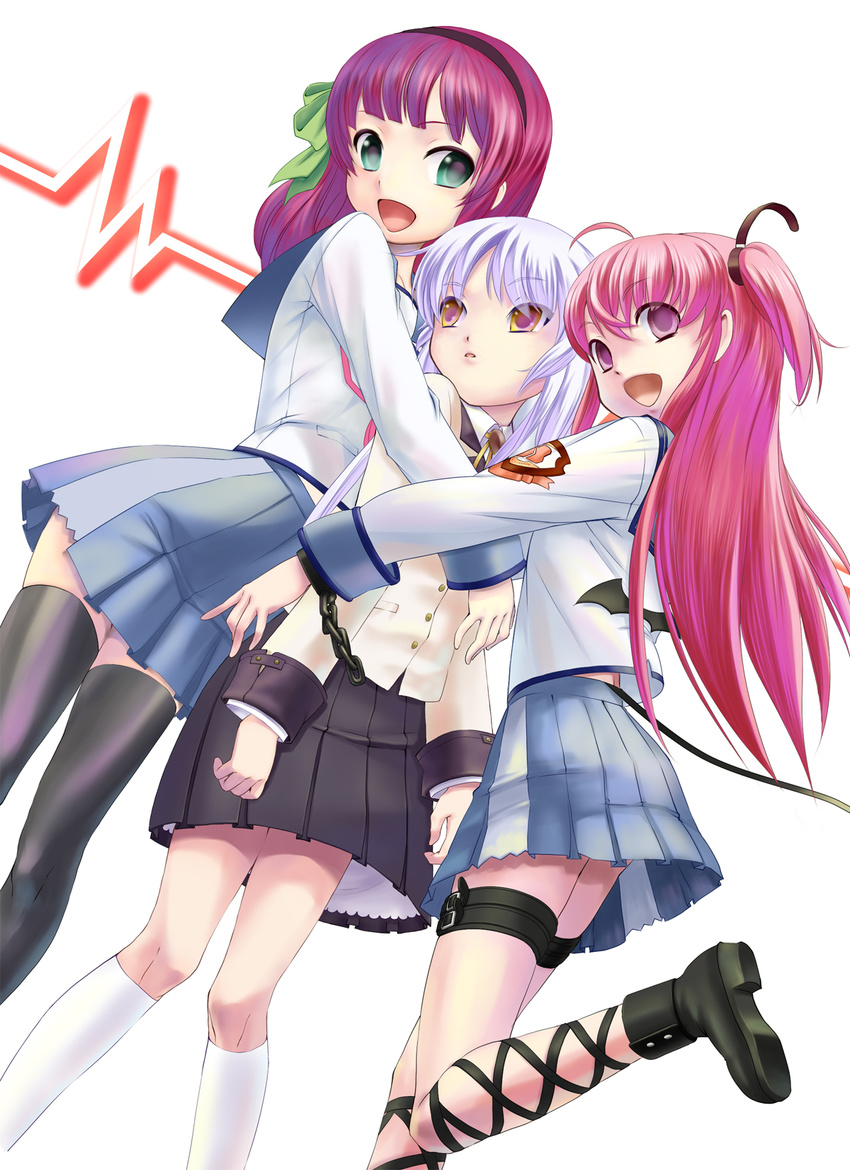 angel_beats! ankle_lace-up bat_wings blazer blue_hair cross-laced_footwear demon_tail green_eyes hairband highres hug jacket long_hair multiple_girls orange_eyes pink_eyes pink_hair purple_hair rin2008 school_uniform serafuku short_hair tail tenshi_(angel_beats!) thigh_strap thighhighs two_side_up wings yui_(angel_beats!) yuri_(angel_beats!)