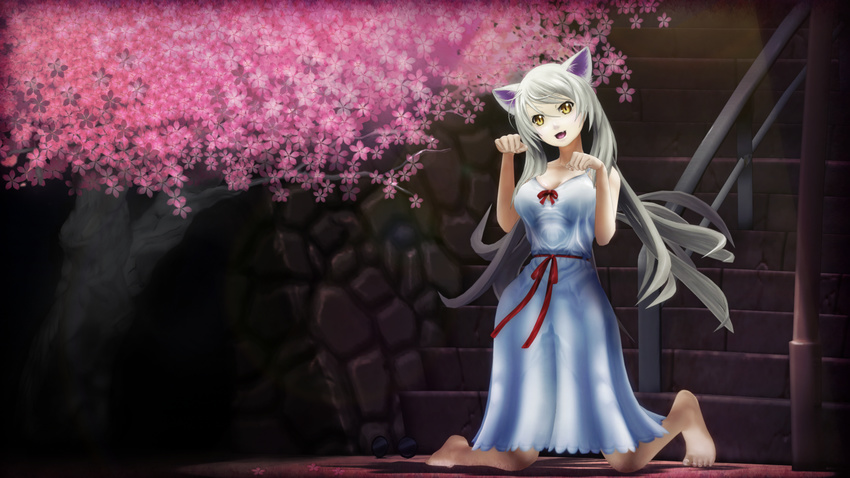 animal_ears bad_id bad_pixiv_id bakemonogatari black_hanekawa bow breasts cat_ears cherry_blossoms cleavage dress fang glasses hanekawa_tsubasa highres kneeling large_breasts long_hair monogatari_(series) paw_pose ribbon slit_pupils solo stairs tree white_hair yellow_eyes zima