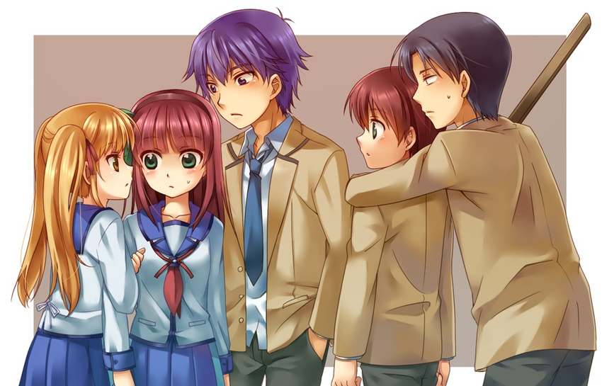 3boys angel_beats! fujimaki_(angel_beats!) long_hair multiple_boys multiple_girls noda_(angel_beats!) ooyama_(angel_beats!) school_uniform sensaki_chihiro shirasaya short_hair sword twintails weapon yuri_(angel_beats!) yusa_(angel_beats!)