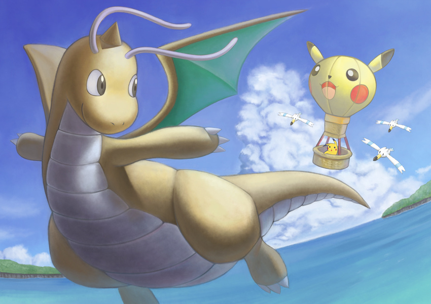 cloud day dragonite flying gen_1_pokemon gen_3_pokemon looking_back no_humans ocean pikachu pokemon pokemon_(creature) sky themed_object wingull yuuy