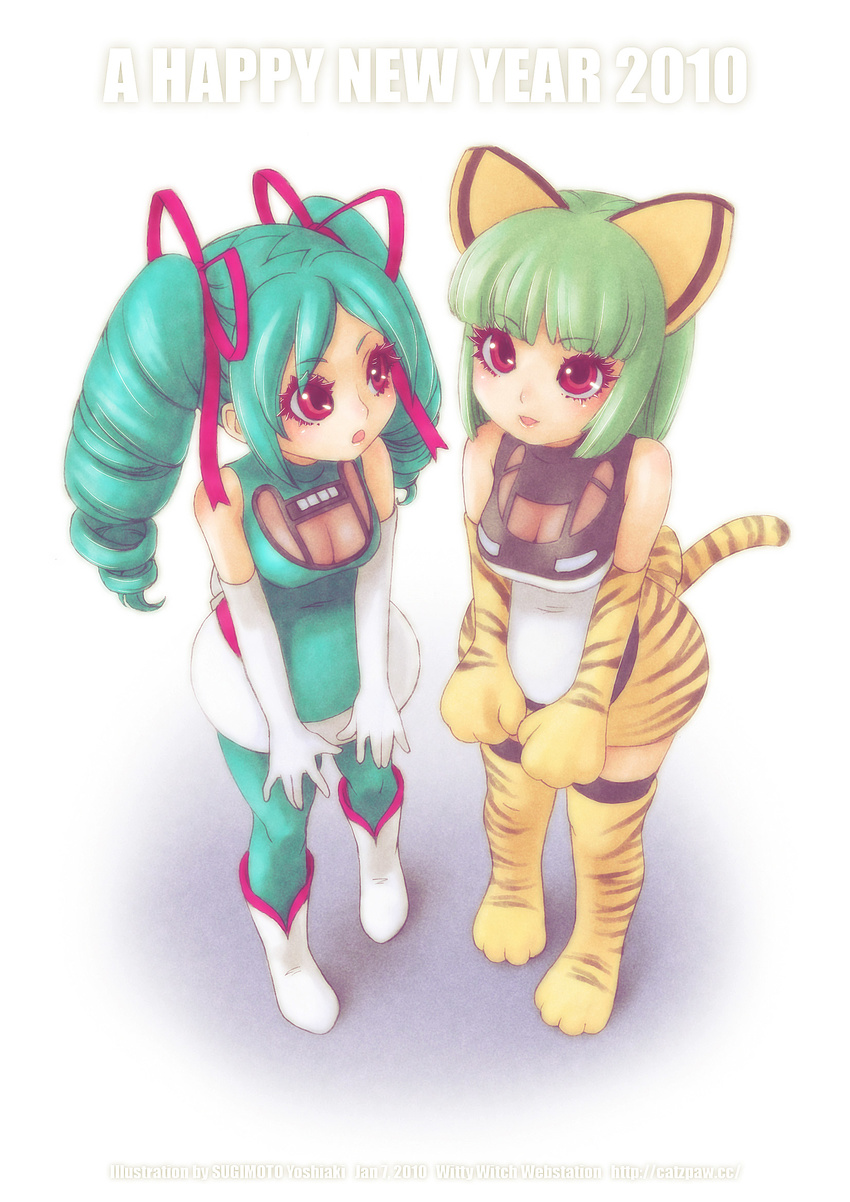 2girls animal_ears aqua_legwear boots breasts cat_ears chinese_zodiac cleavage drill_hair elbow_gloves fastech_360 gloves green_hair ground_vehicle hayabusa_(train) highres multiple_girls new_year open_mouth original pantyhose personification red_eyes short_hair small_breasts striped sugimoto_yoshiaki tail thighhighs tiger_stripes train year_of_the_tiger