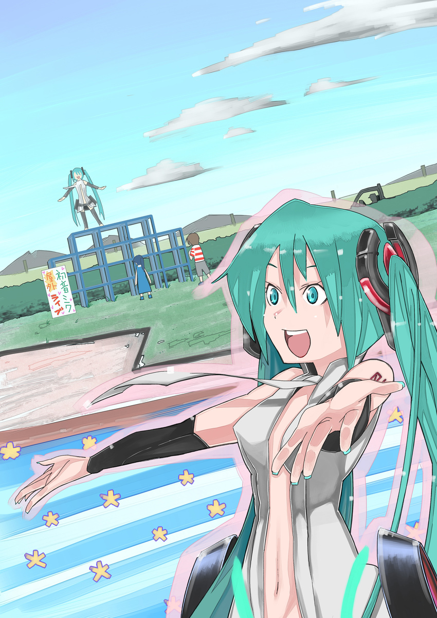 absurdres aqua_eyes aqua_hair bad_id bad_pixiv_id dutch_angle foreshortening hands hatsune_miku hatsune_miku_(append) highres jungle_gym long_hair muck_(artist) navel necktie outstretched_hand playground smile solo twintails vocaloid vocaloid_append