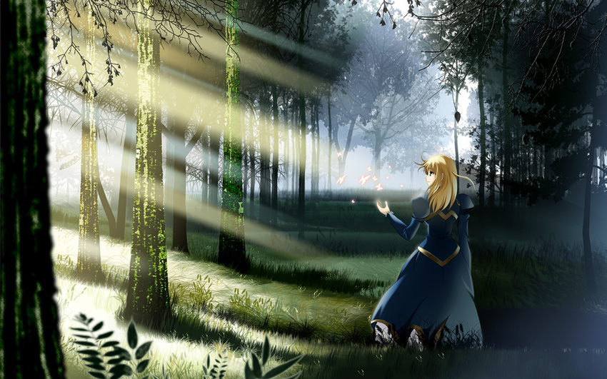 artoria_pendragon_(all) blonde_hair bug butterfly fate/stay_night fate_(series) forest from_behind green_eyes insect light_rays nature saber scenery shade skyt2 solo sunbeam sunlight tree wallpaper
