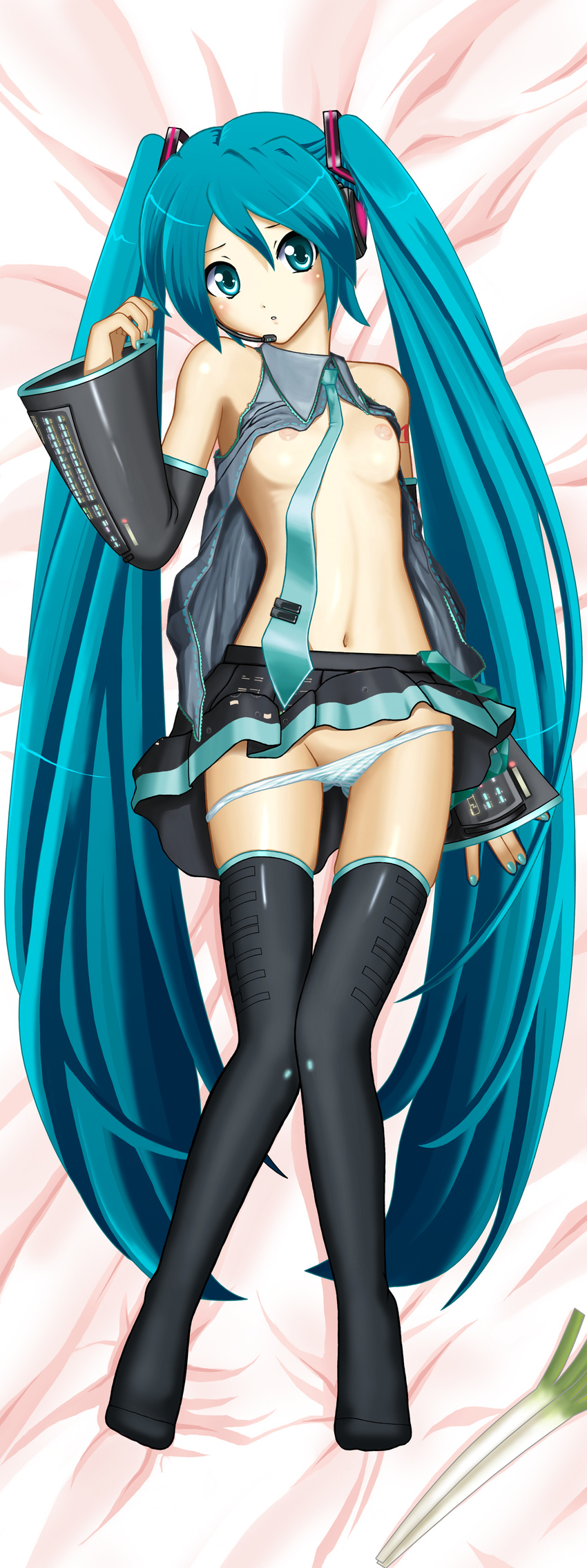 absurdres aqua_eyes aqua_hair breasts detached_sleeves hatsune_miku highres legs long_hair necktie panties panty_pull skirt small_breasts solo sora_(aki00) spring_onion striped striped_panties thighhighs twintails underwear very_long_hair vocaloid