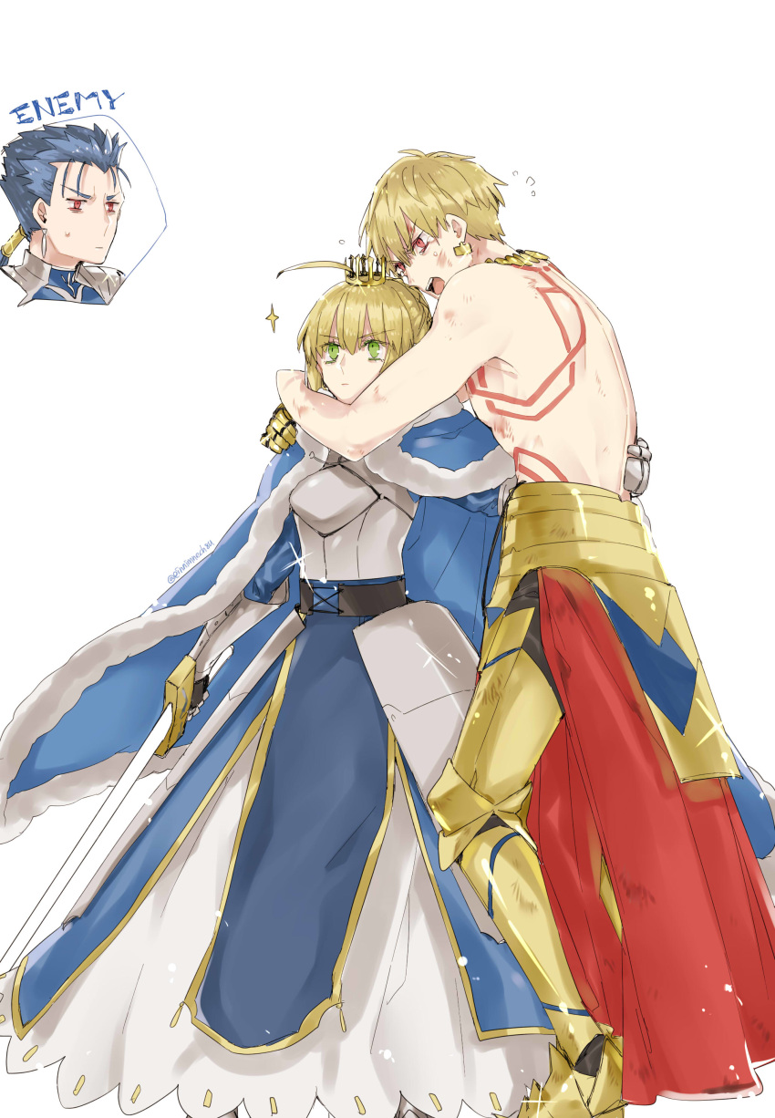 2boys 88_(einnimnech) absurdres ahoge arabian_clothes artoria_pendragon_(all) bangs blonde_hair blue_hair breasts commentary_request crown earrings eyebrows_visible_through_hair fate/grand_order fate/stay_night fate_(series) full_body gilgamesh gothic_lolita green_eyes highres jewelry lancer lolita_fashion long_hair multiple_boys open_mouth red_eyes saber short_hair white_background