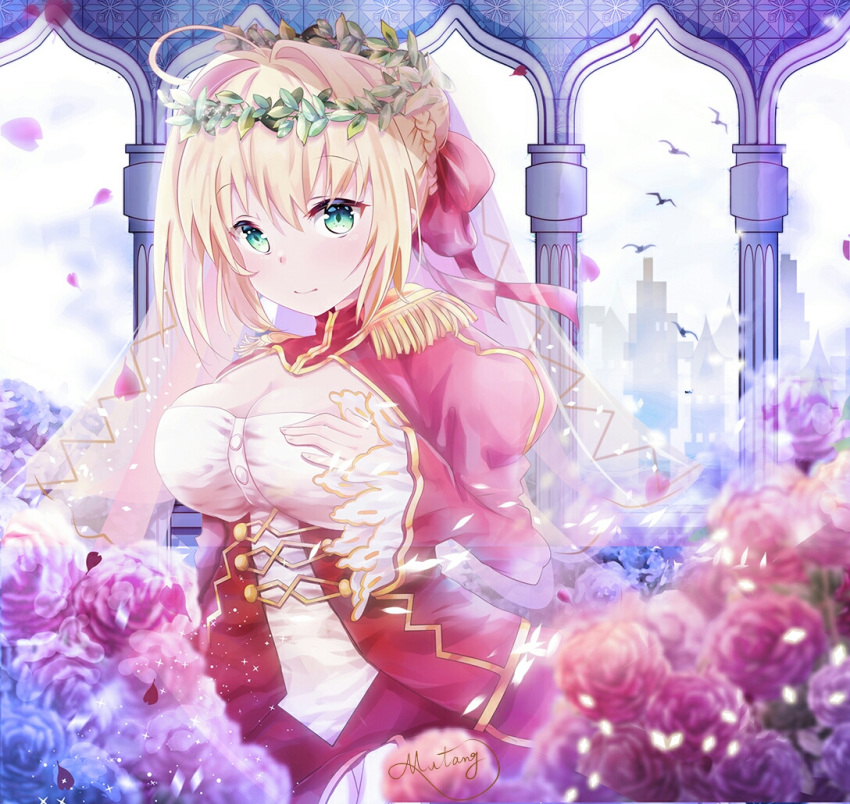 ahoge blonde_hair braid breasts cleavage dress epaulettes fate/extra fate/extra_ccc fate_(series) french_braid green_eyes hair_bun hair_intakes juliet_sleeves large_breasts long_sleeves looking_at_viewer mutang nero_claudius_(fate) nero_claudius_(fate)_(all) petals puffy_sleeves red_dress smile solo