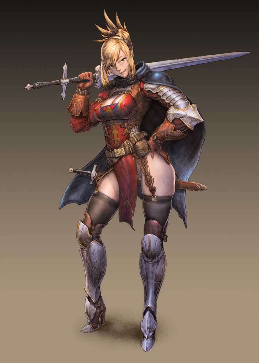 armor belt beltskirt blonde_hair boots breasts cape cleavage cleavage_cutout contrapposto fantasy gloves green_eyes hand_on_hip high_heel_boots high_heels highleg highres large_breasts leg_armor looking_at_viewer loose_belt mochisuna original over_shoulder pelvic_curtain shoulder_armor smile standing sword sword_over_shoulder thigh_boots thighhighs thighs weapon weapon_over_shoulder