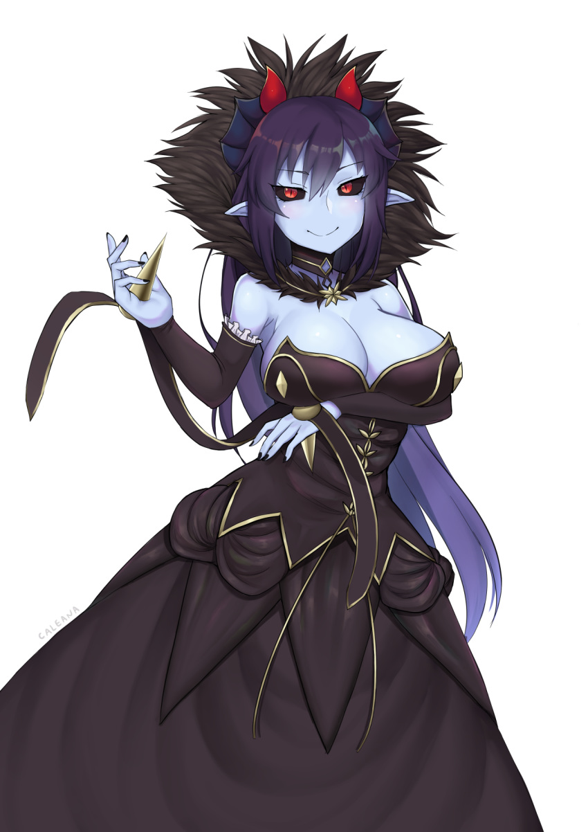 arm_under_breasts artist_name black_sclera blue_skin breast_hold breasts caleana commentary commission cosplay demon_(monster_girl_encyclopedia) demon_girl demon_horns detached_sleeves dress english_commentary fate/apocrypha fate/grand_order fate_(series) fur_collar hair_between_eyes highres horns large_breasts long_hair looking_at_viewer monster_girl_encyclopedia pointy_ears purple_hair red_eyes semiramis_(fate) semiramis_(fate)_(cosplay) simple_background slit_pupils smile solo very_long_hair white_background