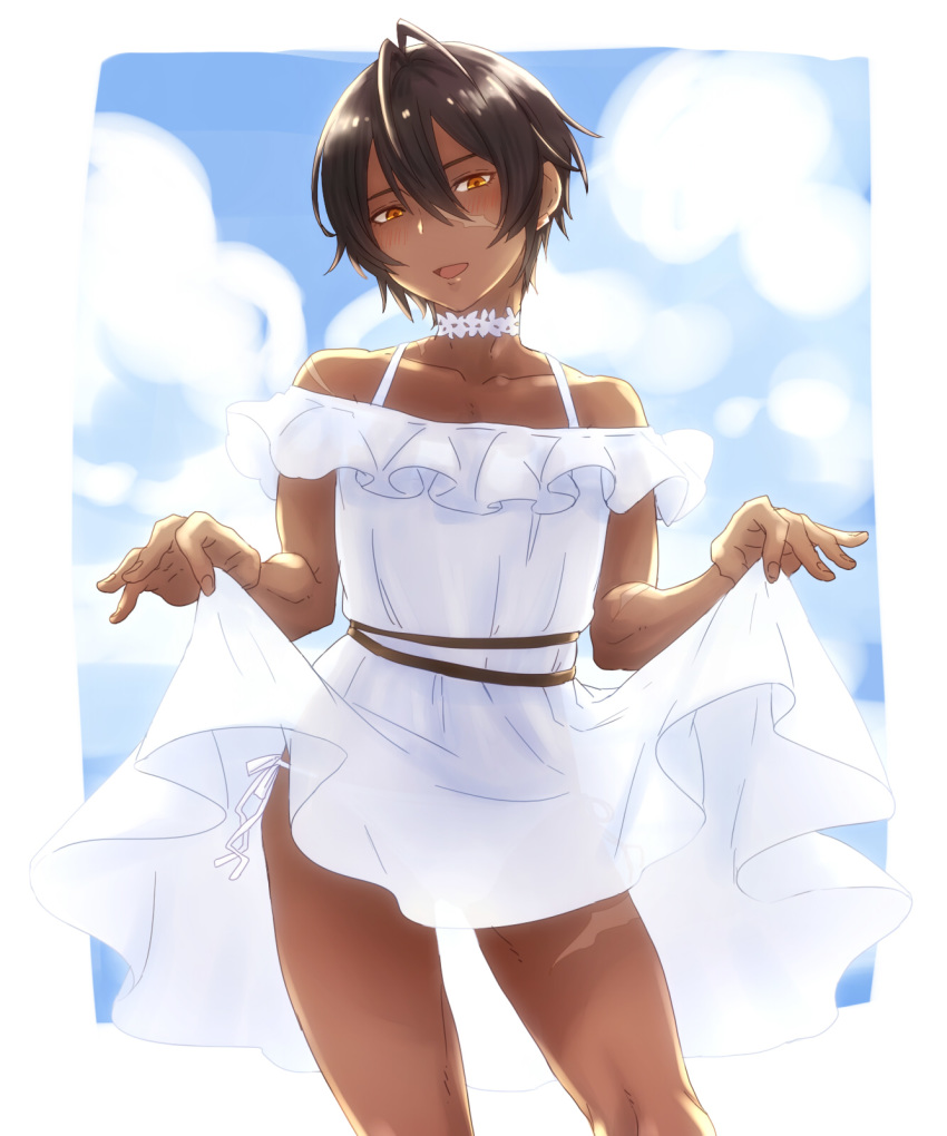 @@@ black_hair blush brown_eyes dark_skin dark_skinned_male dress granblue_fantasy highres jamil_(granblue_fantasy) looking_at_viewer male_focus open_mouth panties scar side-tie_panties skirt_hold smile solo underwear white_dress