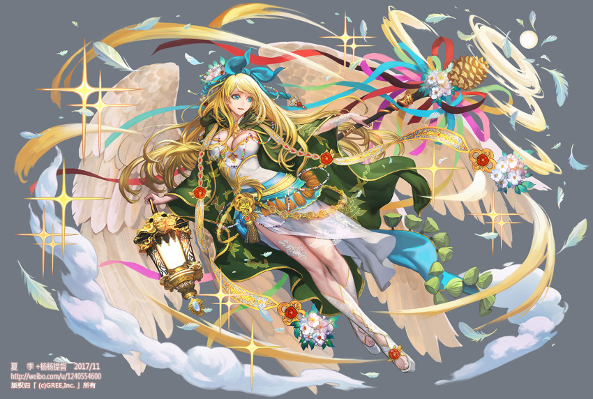 angel aqua_eyes blonde_hair breasts cleavage feathers flowers gray long_hair original watermark weapon wings wristwear xiaji