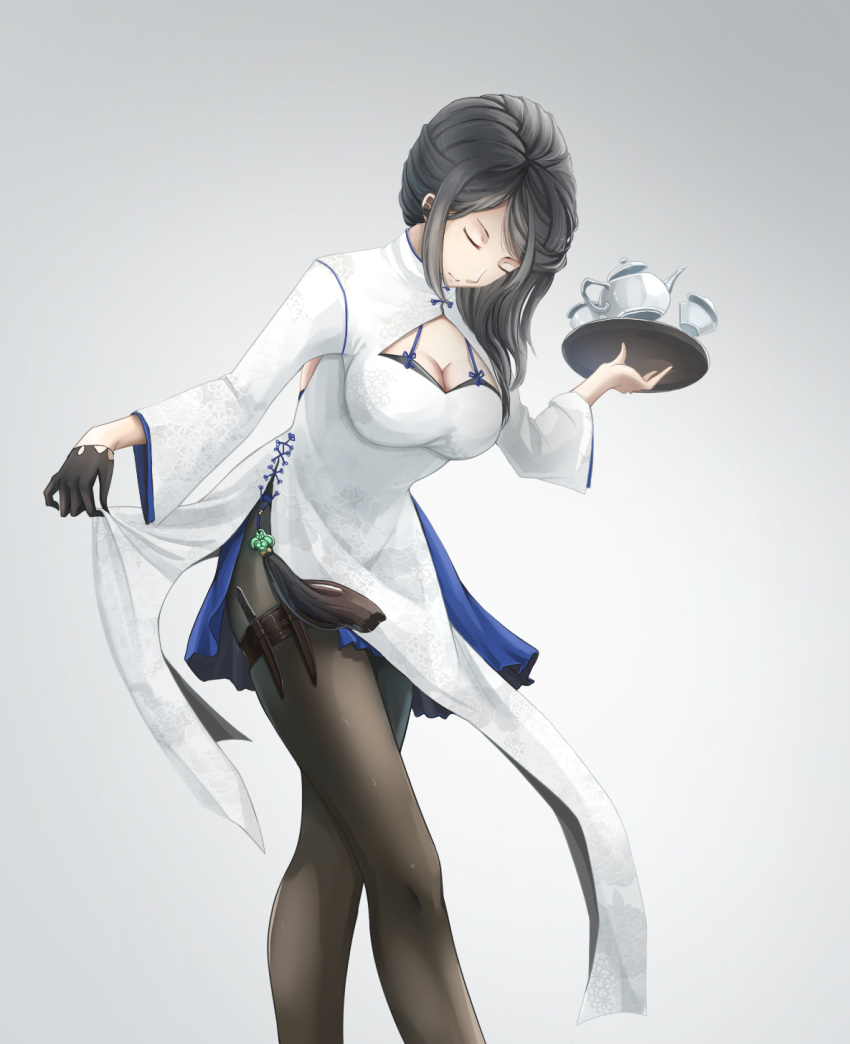 black_hair bowing breasts china_dress chinese_clothes cleavage cleavage_cutout closed_eyes dress gloves gradient gradient_background half_gloves highres kikivi knife large_breasts long_hair original side_slit single_glove solo standing teapot thigh_strap throwing_knife tray weapon